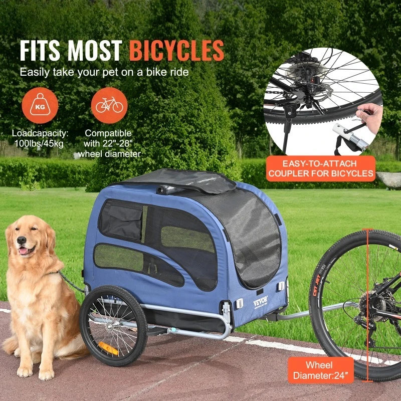 100lbs Pet Cart Bicycle Carrier Dog Bike Trailer with Coupler, Reflectors, Flag, Collapsible to Store for Dogs Travel