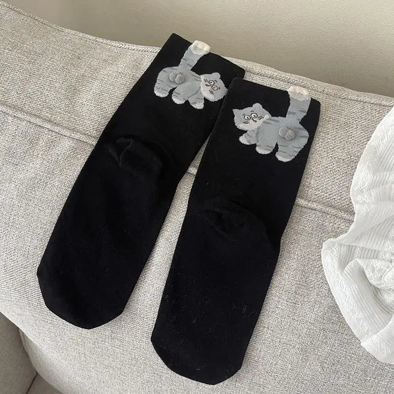 【N】 1 Pair Cartoon Cat Ladies Cotton Socks, Breathable and Comfortable for All Seasons  {ZYAT-1}