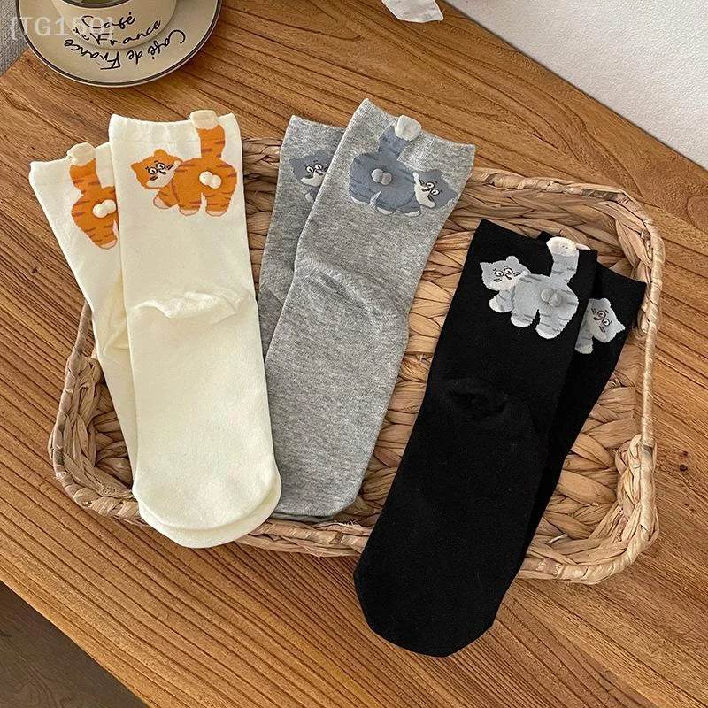 【N】 1 Pair Cartoon Cat Ladies Cotton Socks, Breathable and Comfortable for All Seasons  {ZYAT-1}