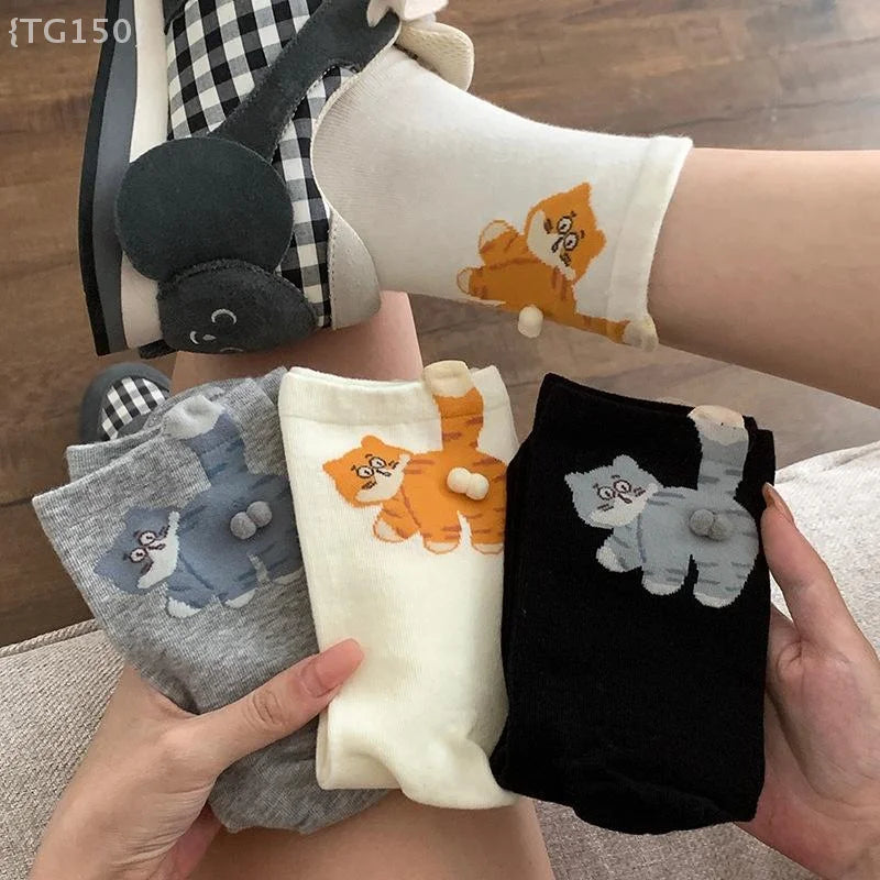 【N】 1 Pair Cartoon Cat Ladies Cotton Socks, Breathable and Comfortable for All Seasons  {ZYAT-1}