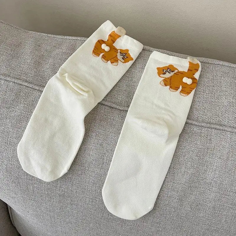 【N】 1 Pair Cartoon Cat Ladies Cotton Socks, Breathable and Comfortable for All Seasons  {ZYAT-1}