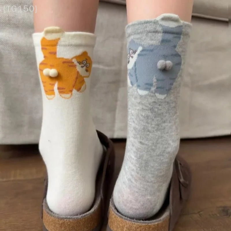 【N】 1 Pair Cartoon Cat Ladies Cotton Socks, Breathable and Comfortable for All Seasons  {ZYAT-1}